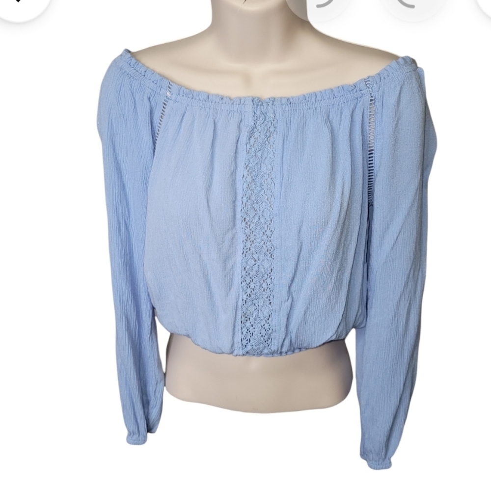 Aeropostale Blue off the shoulder peasant top long sleeves blouse size S *
